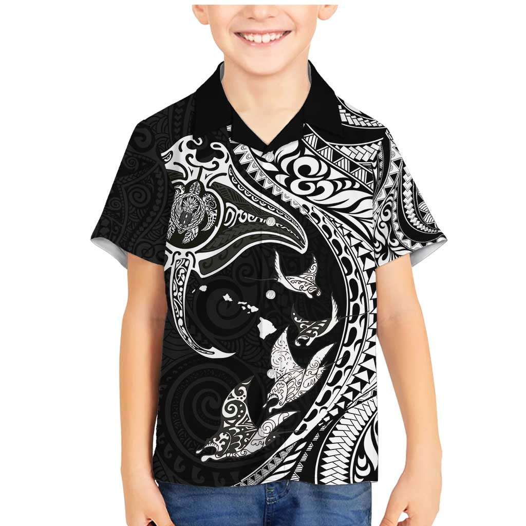 Hawaiian Manta Ray and Polynesian Tribal Tattoo Family Matching Mermaid Dress and Hawaiian Shirt Black Color LT03 Son's Shirt Black - Polynesian Pride