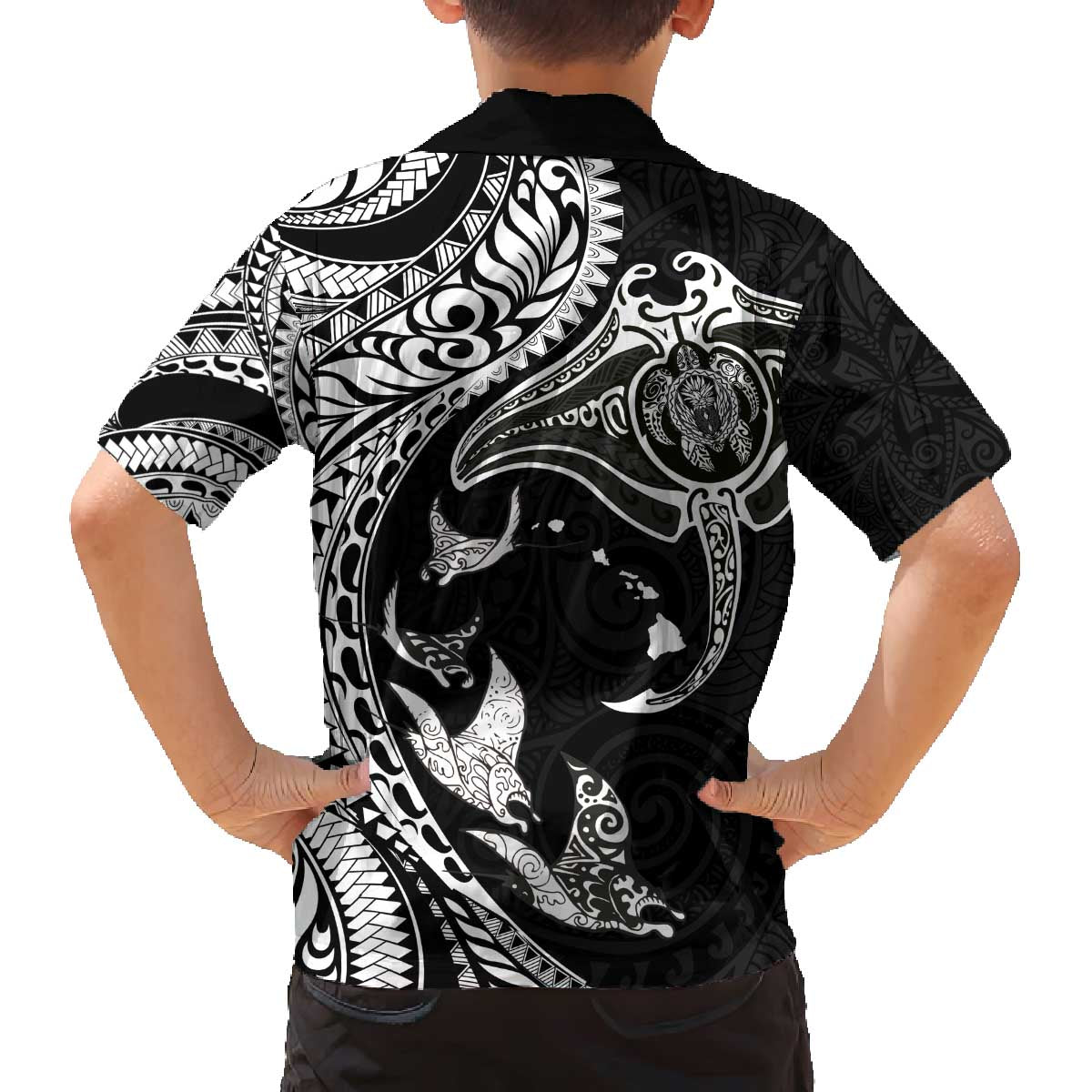 Hawaiian Manta Ray and Polynesian Tribal Tattoo Family Matching Off The Shoulder Long Sleeve Dress and Hawaiian Shirt Black Color LT03 - Polynesian Pride