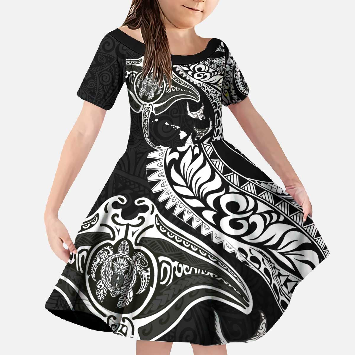 Hawaiian Manta Ray and Polynesian Tribal Tattoo Family Matching Off The Shoulder Long Sleeve Dress and Hawaiian Shirt Black Color LT03 Daughter's Dress Black - Polynesian Pride