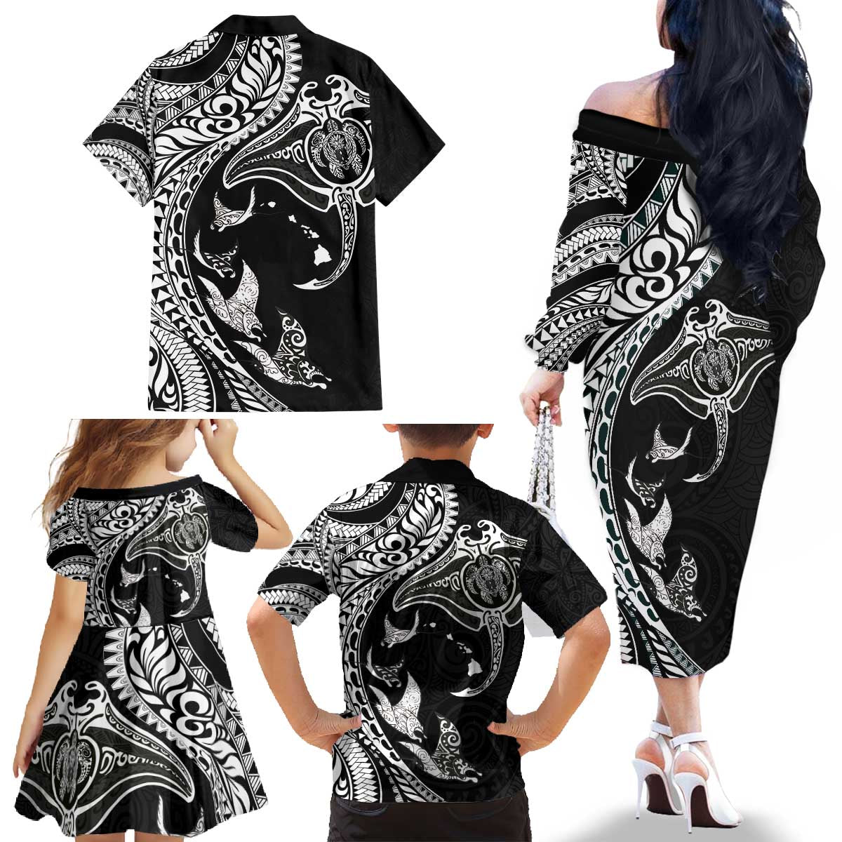 Hawaiian Manta Ray and Polynesian Tribal Tattoo Family Matching Off The Shoulder Long Sleeve Dress and Hawaiian Shirt Black Color LT03 - Polynesian Pride