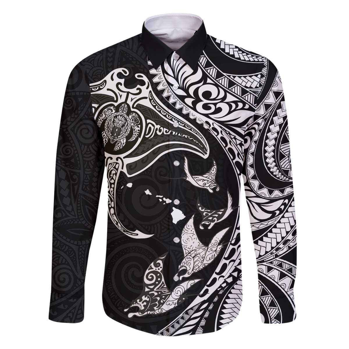 Hawaiian Manta Ray and Polynesian Tribal Tattoo Family Matching Off The Shoulder Long Sleeve Dress and Hawaiian Shirt Black Color LT03 Dad's Shirt - Long Sleeve Black - Polynesian Pride