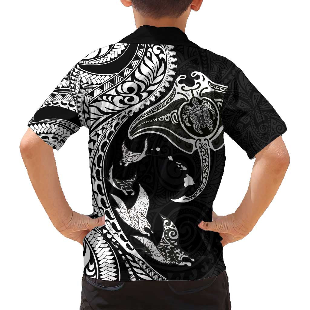 Hawaiian Manta Ray and Polynesian Tribal Tattoo Family Matching Off Shoulder Maxi Dress and Hawaiian Shirt Black Color LT03 - Polynesian Pride