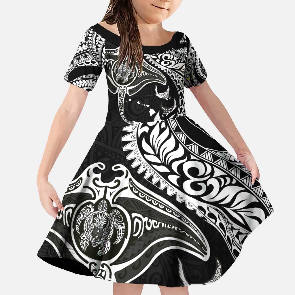 Hawaiian Manta Ray and Polynesian Tribal Tattoo Family Matching Off Shoulder Maxi Dress and Hawaiian Shirt Black Color LT03 Daughter's Dress Black - Polynesian Pride