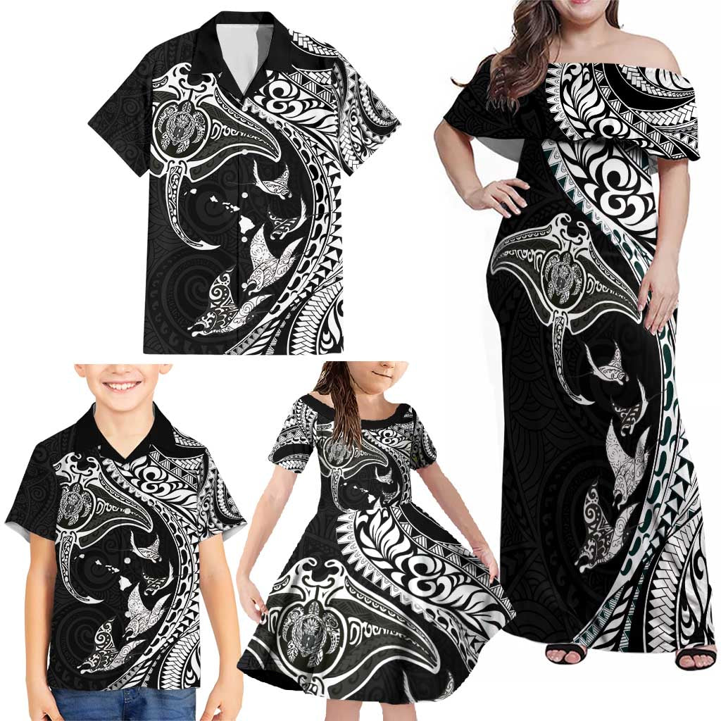 Hawaiian Manta Ray and Polynesian Tribal Tattoo Family Matching Off Shoulder Maxi Dress and Hawaiian Shirt Black Color LT03 - Polynesian Pride