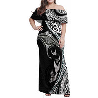 Hawaiian Manta Ray and Polynesian Tribal Tattoo Family Matching Off Shoulder Maxi Dress and Hawaiian Shirt Black Color LT03 Mom's Dress Black - Polynesian Pride
