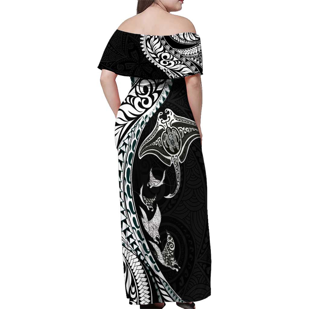 Hawaiian Manta Ray and Polynesian Tribal Tattoo Family Matching Off Shoulder Maxi Dress and Hawaiian Shirt Black Color LT03 - Polynesian Pride