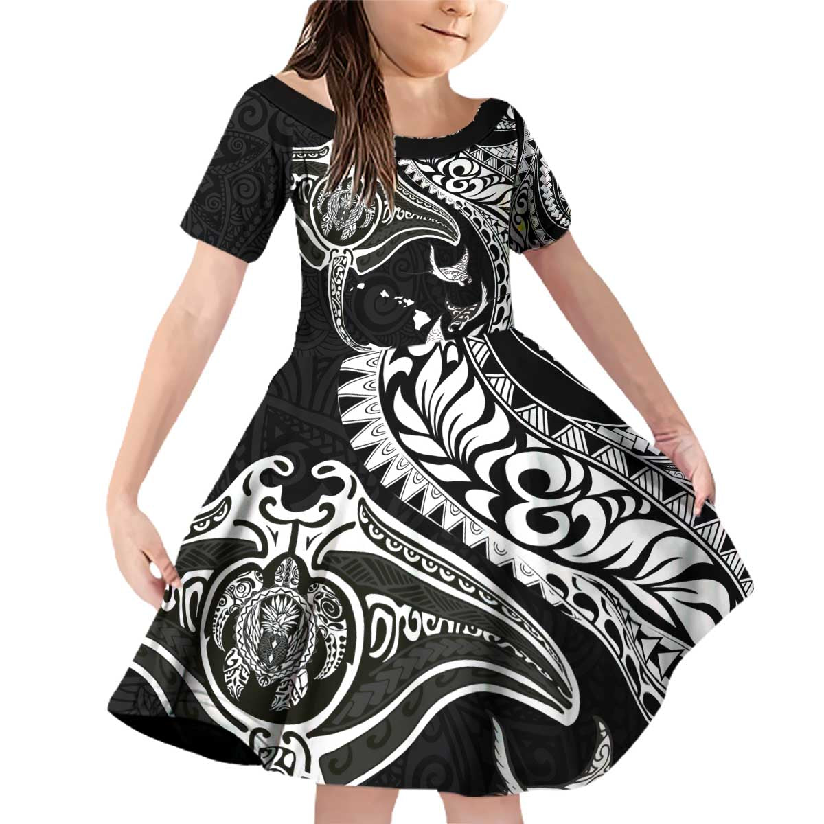 Hawaiian Manta Ray and Polynesian Tribal Tattoo Family Matching Off Shoulder Short Dress and Hawaiian Shirt Black Color LT03 Daughter's Dress Black - Polynesian Pride