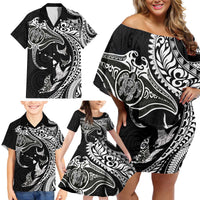 Hawaiian Manta Ray and Polynesian Tribal Tattoo Family Matching Off Shoulder Short Dress and Hawaiian Shirt Black Color LT03 - Polynesian Pride