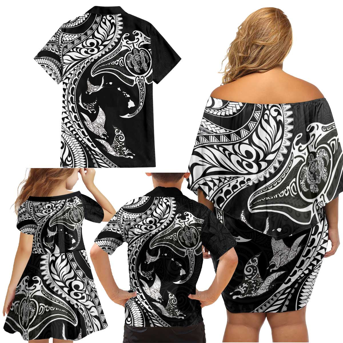 Hawaiian Manta Ray and Polynesian Tribal Tattoo Family Matching Off Shoulder Short Dress and Hawaiian Shirt Black Color LT03 - Polynesian Pride
