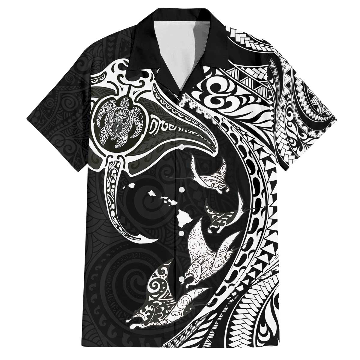 Hawaiian Manta Ray and Polynesian Tribal Tattoo Family Matching Off Shoulder Short Dress and Hawaiian Shirt Black Color LT03 Dad's Shirt - Short Sleeve Black - Polynesian Pride