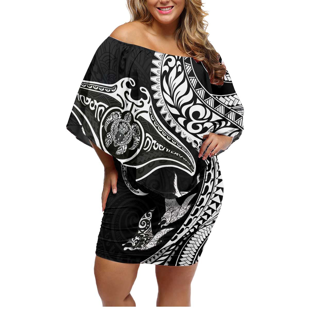 Hawaiian Manta Ray and Polynesian Tribal Tattoo Family Matching Off Shoulder Short Dress and Hawaiian Shirt Black Color LT03 Mom's Dress Black - Polynesian Pride