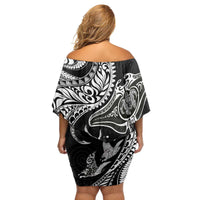 Hawaiian Manta Ray and Polynesian Tribal Tattoo Family Matching Off Shoulder Short Dress and Hawaiian Shirt Black Color LT03 - Polynesian Pride