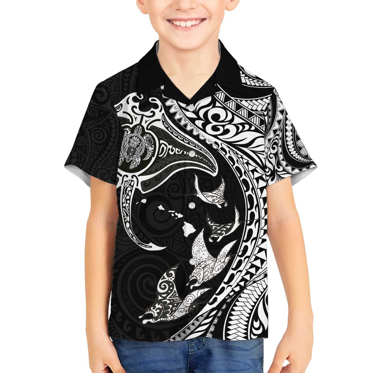 Hawaiian Manta Ray and Polynesian Tribal Tattoo Family Matching Off Shoulder Short Dress and Hawaiian Shirt Black Color LT03 Son's Shirt Black - Polynesian Pride