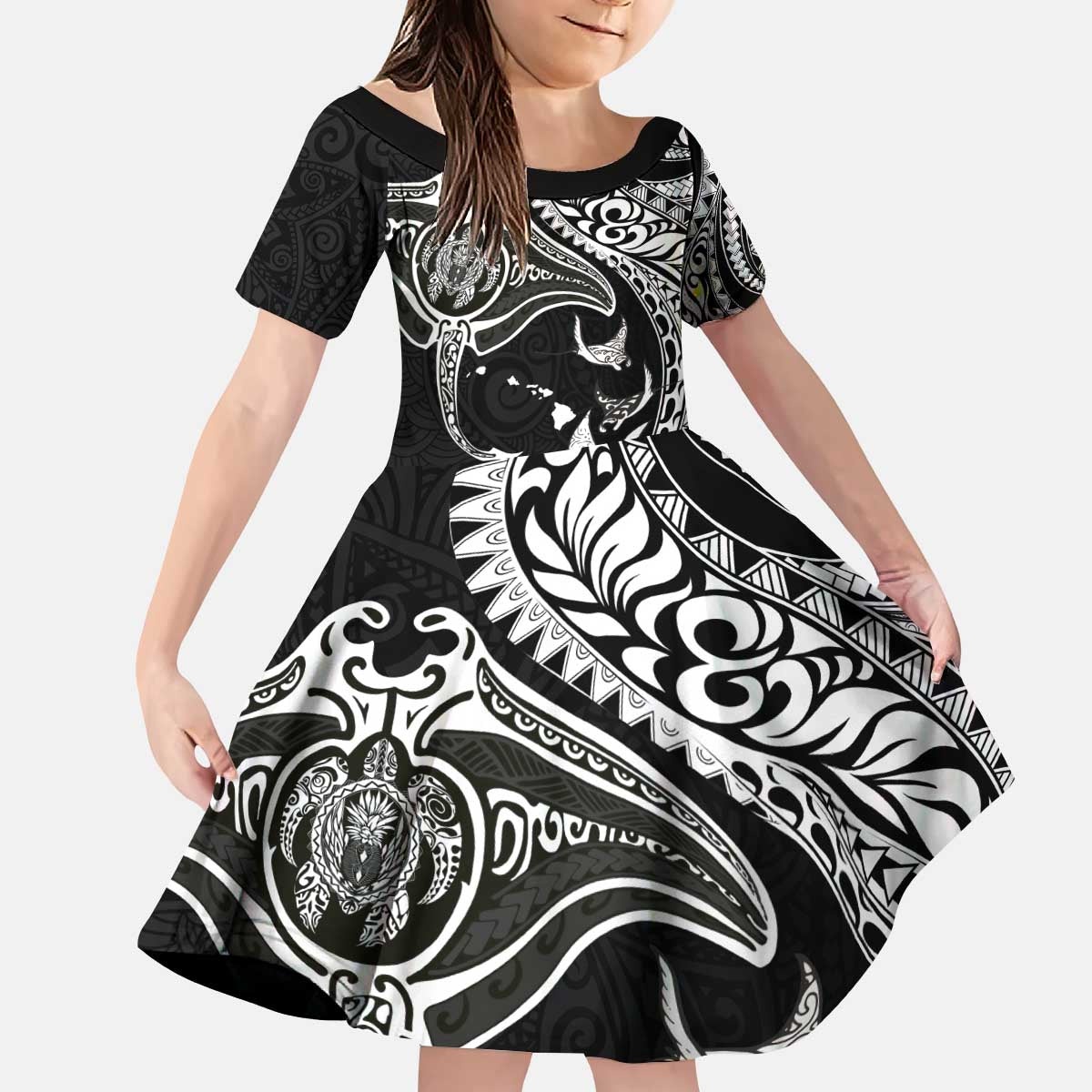 Hawaiian Manta Ray and Polynesian Tribal Tattoo Family Matching Puletasi and Hawaiian Shirt Black Color LT03 Daughter's Dress Black - Polynesian Pride