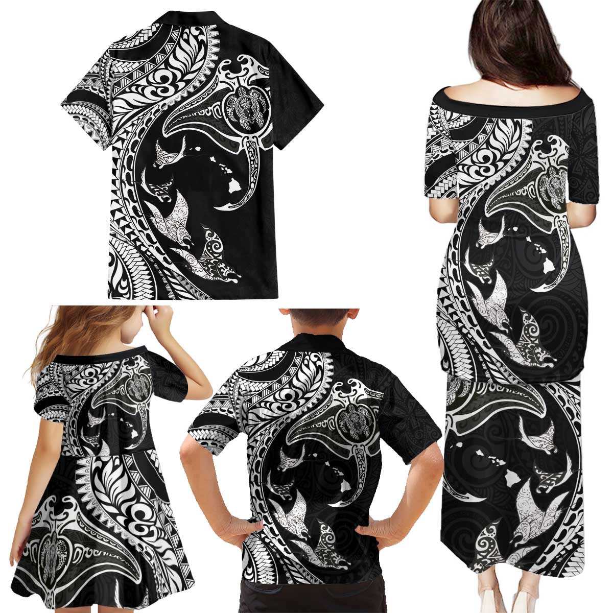 Hawaiian Manta Ray and Polynesian Tribal Tattoo Family Matching Puletasi and Hawaiian Shirt Black Color LT03 - Polynesian Pride