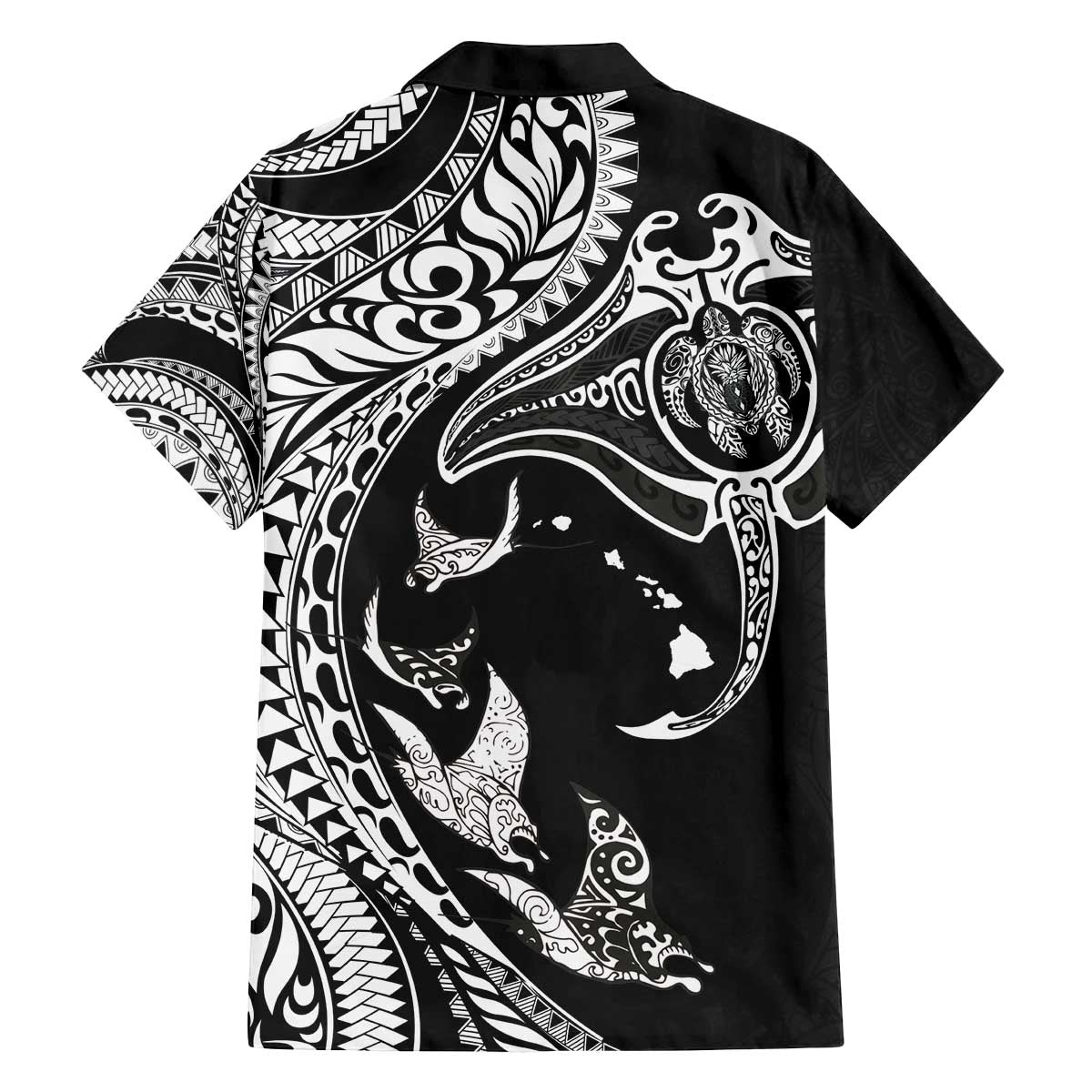Hawaiian Manta Ray and Polynesian Tribal Tattoo Family Matching Puletasi and Hawaiian Shirt Black Color LT03 - Polynesian Pride