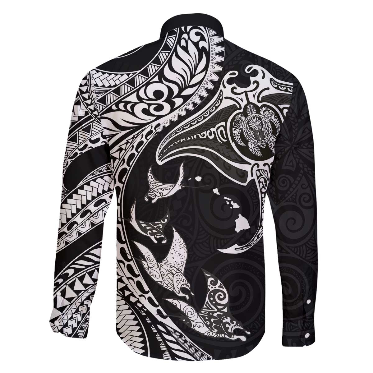 Hawaiian Manta Ray and Polynesian Tribal Tattoo Family Matching Puletasi and Hawaiian Shirt Black Color LT03 - Polynesian Pride