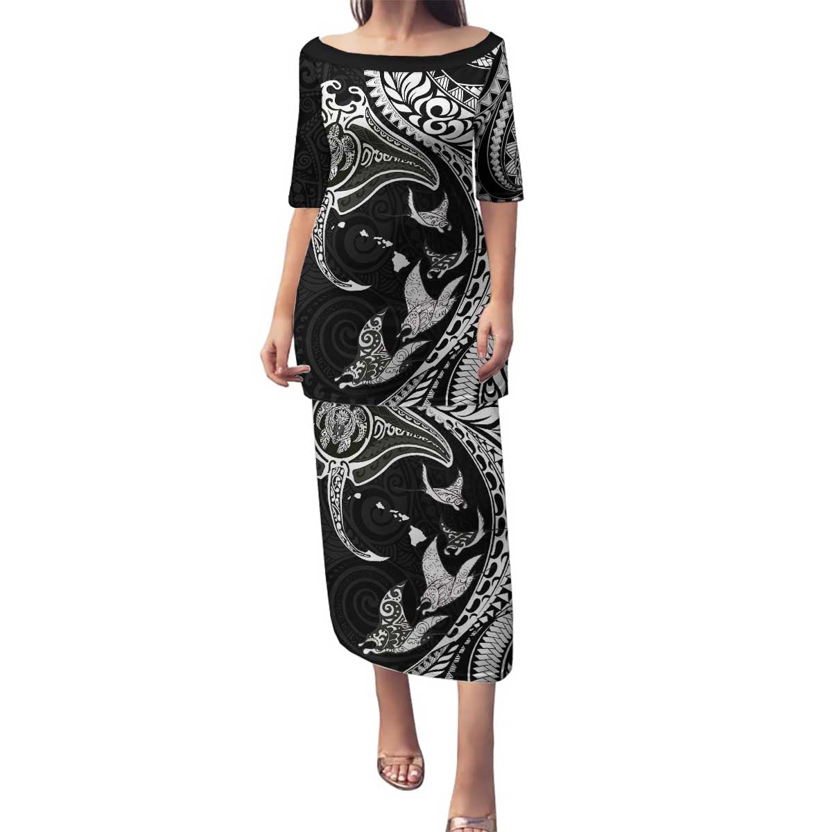 Hawaiian Manta Ray and Polynesian Tribal Tattoo Family Matching Puletasi and Hawaiian Shirt Black Color LT03 Mom's Dress Black - Polynesian Pride