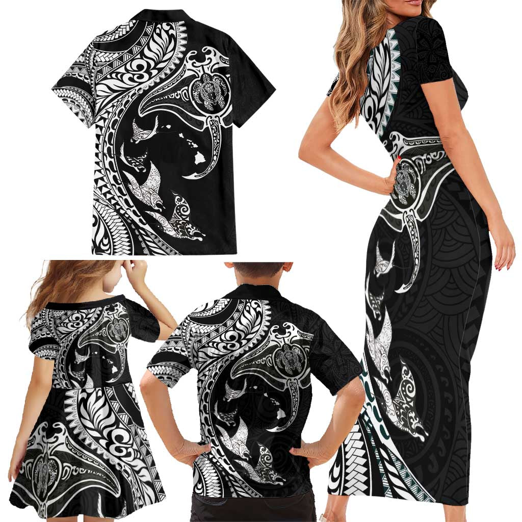 Hawaiian Manta Ray and Polynesian Tribal Tattoo Family Matching Short Sleeve Bodycon Dress and Hawaiian Shirt Black Color LT03 - Polynesian Pride