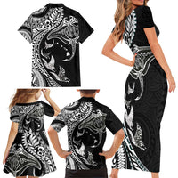 Hawaiian Manta Ray and Polynesian Tribal Tattoo Family Matching Short Sleeve Bodycon Dress and Hawaiian Shirt Black Color LT03 - Polynesian Pride