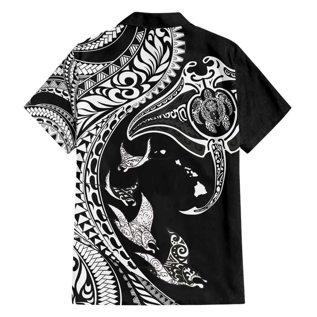 Hawaiian Manta Ray and Polynesian Tribal Tattoo Family Matching Short Sleeve Bodycon Dress and Hawaiian Shirt Black Color LT03 - Polynesian Pride