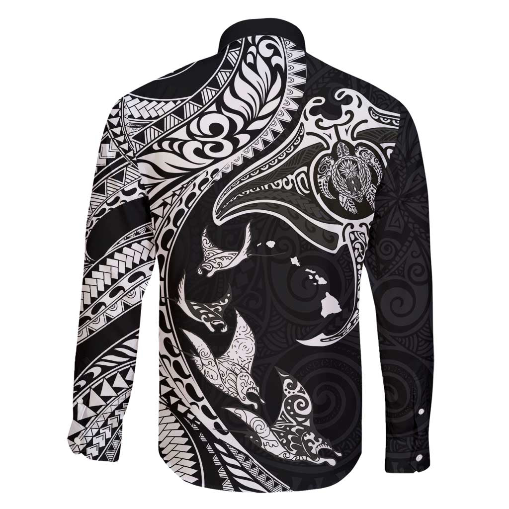 Hawaiian Manta Ray and Polynesian Tribal Tattoo Family Matching Short Sleeve Bodycon Dress and Hawaiian Shirt Black Color LT03 - Polynesian Pride
