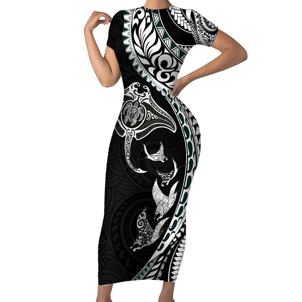 Hawaiian Manta Ray and Polynesian Tribal Tattoo Family Matching Short Sleeve Bodycon Dress and Hawaiian Shirt Black Color LT03 Mom's Dress Black - Polynesian Pride
