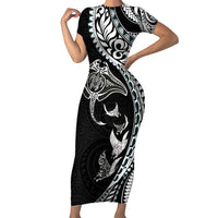 Hawaiian Manta Ray and Polynesian Tribal Tattoo Family Matching Short Sleeve Bodycon Dress and Hawaiian Shirt Black Color LT03 Mom's Dress Black - Polynesian Pride