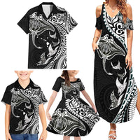 Hawaiian Manta Ray and Polynesian Tribal Tattoo Family Matching Summer Maxi Dress and Hawaiian Shirt Black Color LT03 - Polynesian Pride