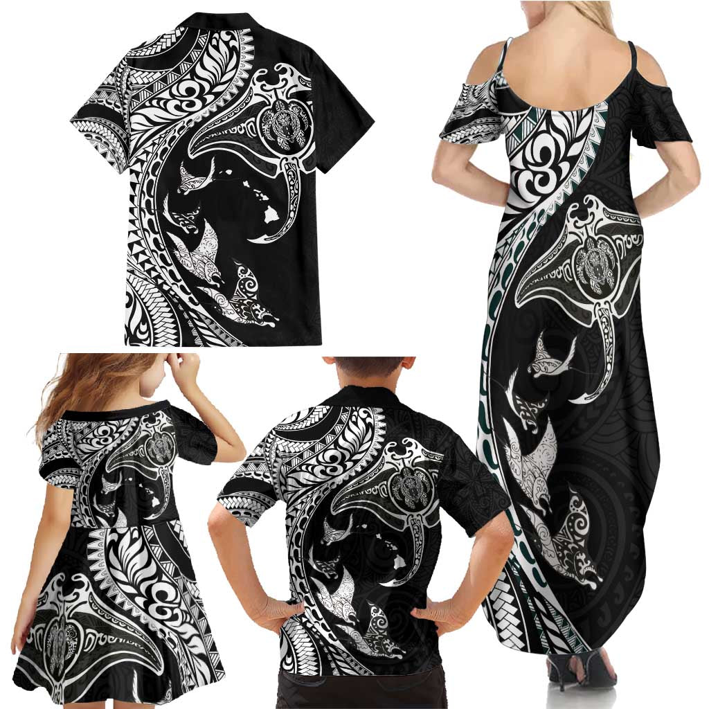 Hawaiian Manta Ray and Polynesian Tribal Tattoo Family Matching Summer Maxi Dress and Hawaiian Shirt Black Color LT03 - Polynesian Pride