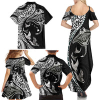 Hawaiian Manta Ray and Polynesian Tribal Tattoo Family Matching Summer Maxi Dress and Hawaiian Shirt Black Color LT03 - Polynesian Pride