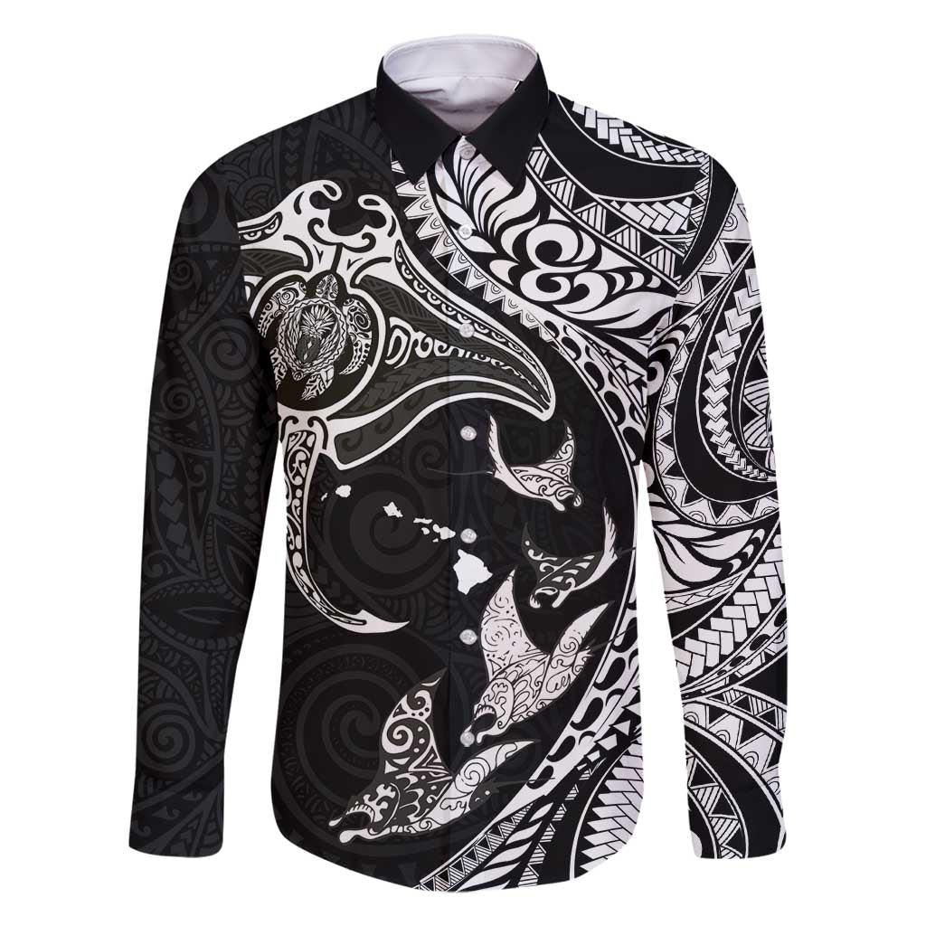 Hawaiian Manta Ray and Polynesian Tribal Tattoo Family Matching Summer Maxi Dress and Hawaiian Shirt Black Color LT03 Dad's Shirt - Long Sleeve Black - Polynesian Pride