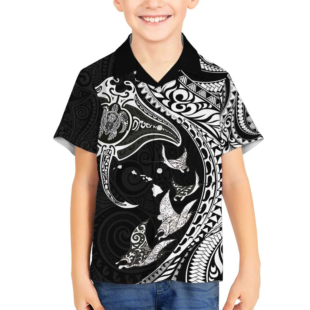 Hawaiian Manta Ray and Polynesian Tribal Tattoo Family Matching Summer Maxi Dress and Hawaiian Shirt Black Color LT03 Son's Shirt Black - Polynesian Pride