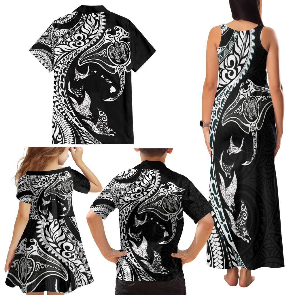 Hawaiian Manta Ray and Polynesian Tribal Tattoo Family Matching Tank Maxi Dress and Hawaiian Shirt Black Color LT03 - Polynesian Pride