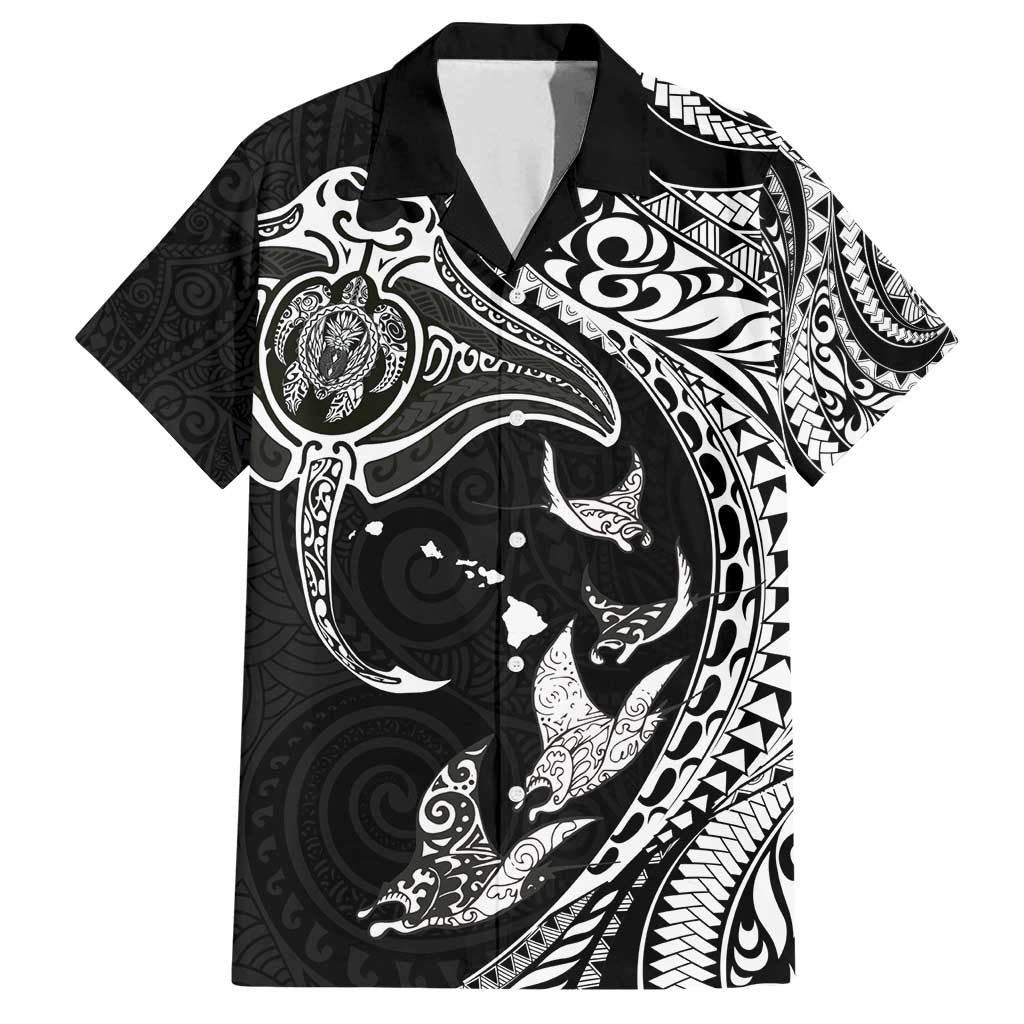 Hawaiian Manta Ray and Polynesian Tribal Tattoo Family Matching Tank Maxi Dress and Hawaiian Shirt Black Color LT03 Dad's Shirt - Short Sleeve Black - Polynesian Pride