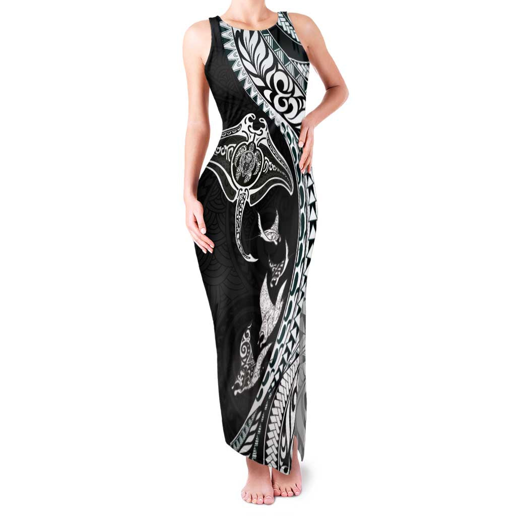 Hawaiian Manta Ray and Polynesian Tribal Tattoo Family Matching Tank Maxi Dress and Hawaiian Shirt Black Color LT03 Mom's Dress Black - Polynesian Pride