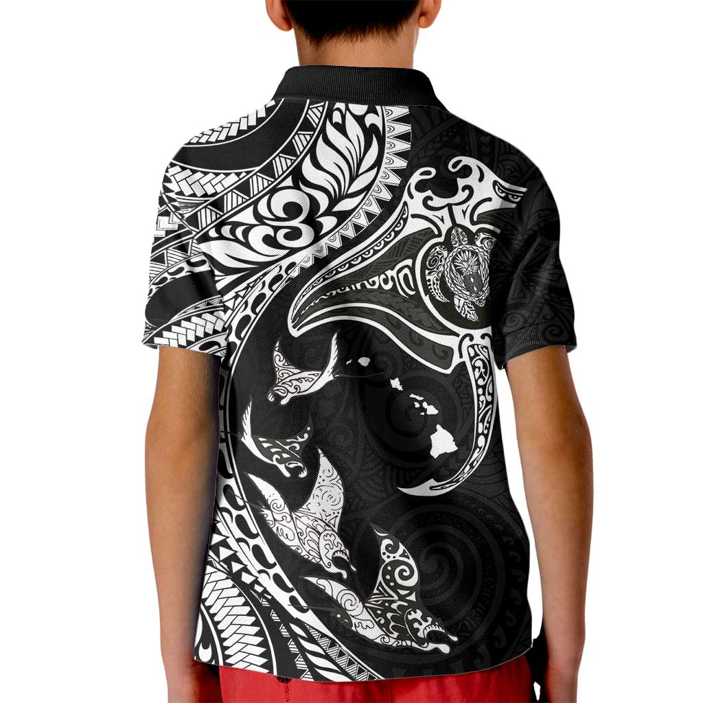 Hawaiian Manta Ray and Polynesian Tribal Tattoo Kid Polo Shirt Black Color LT03