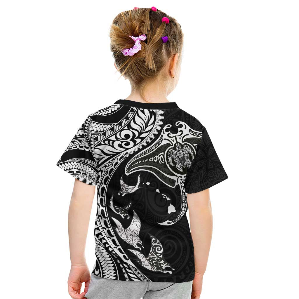 Hawaiian Manta Ray and Polynesian Tribal Tattoo Kid T Shirt Black Color LT03