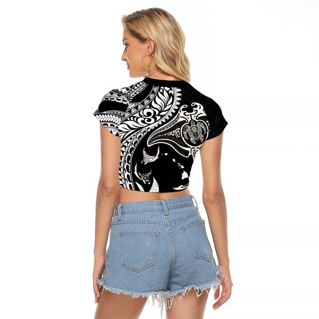 Hawaiian Manta Ray and Polynesian Tribal Tattoo Raglan Cropped T Shirt Black Color LT03