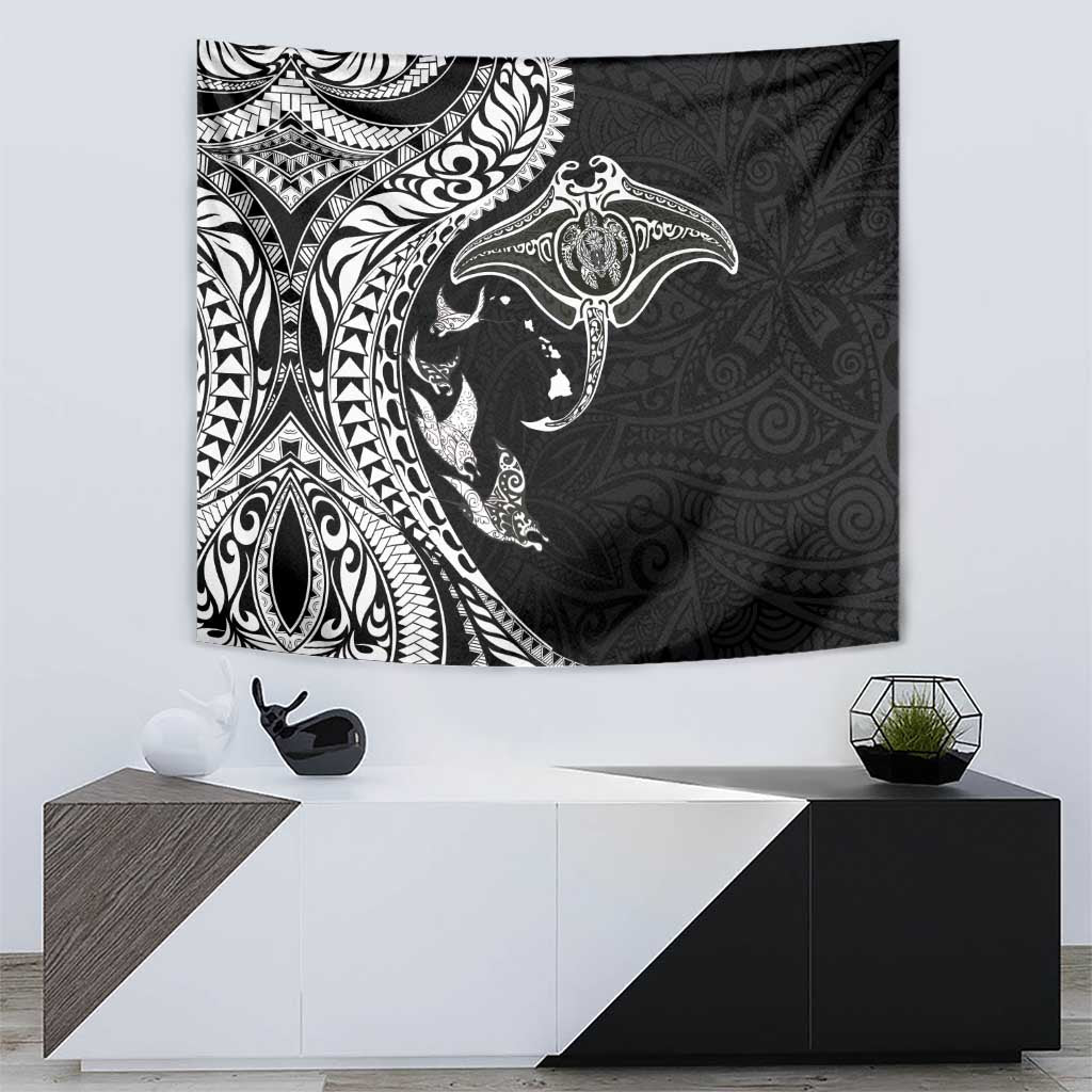 Hawaiian Manta Ray and Polynesian Tribal Tattoo Tapestry Black Color LT03