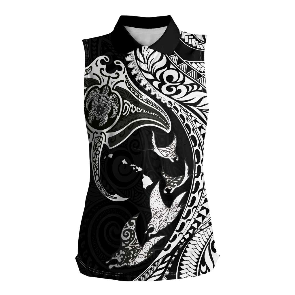 Hawaiian Manta Ray and Polynesian Tribal Tattoo Women Sleeveless Polo Shirt Black Color LT03