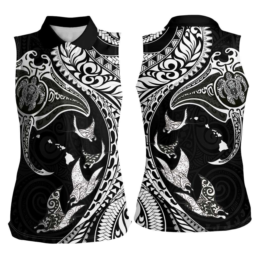 Hawaiian Manta Ray and Polynesian Tribal Tattoo Women Sleeveless Polo Shirt Black Color LT03