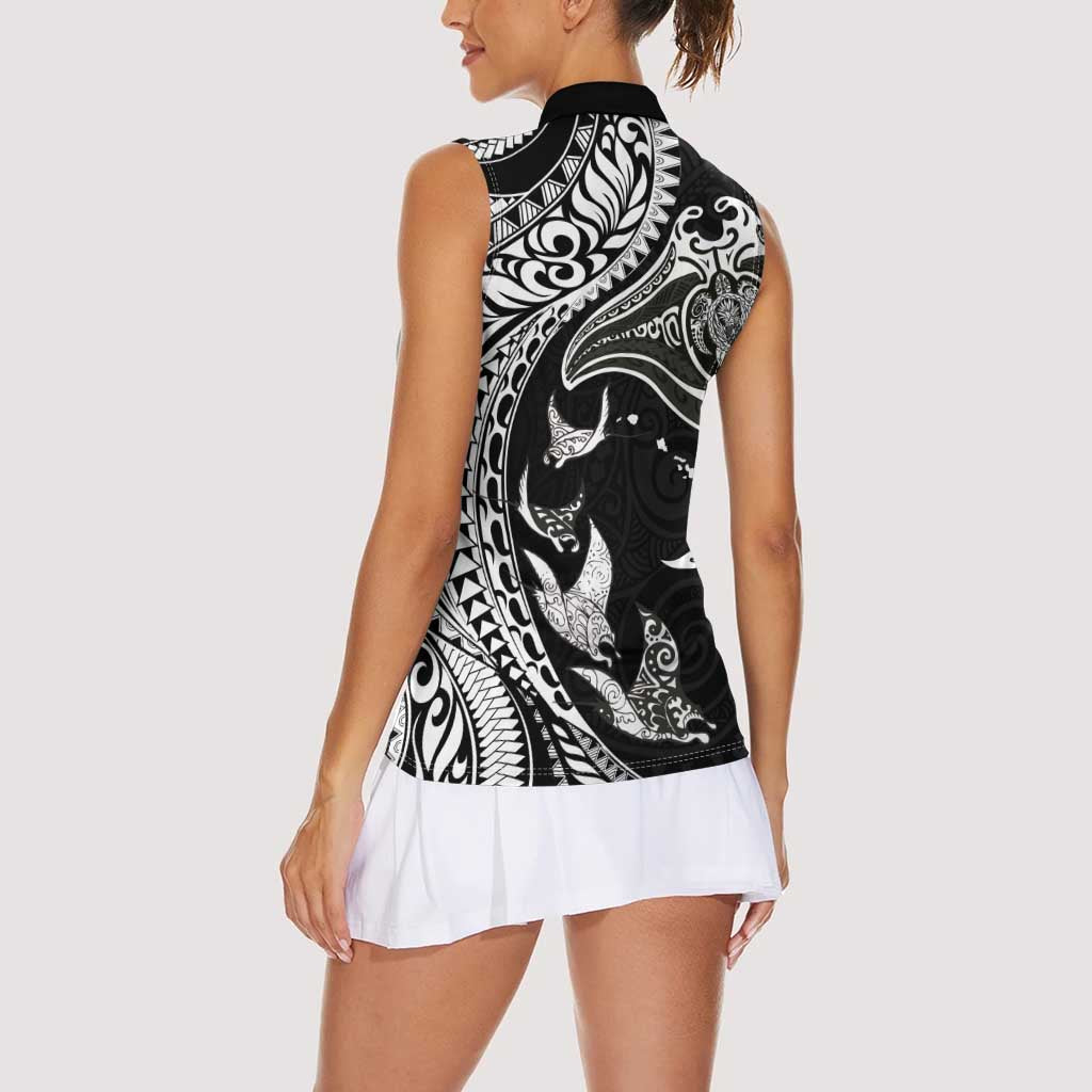Hawaiian Manta Ray and Polynesian Tribal Tattoo Women Sleeveless Polo Shirt Black Color LT03