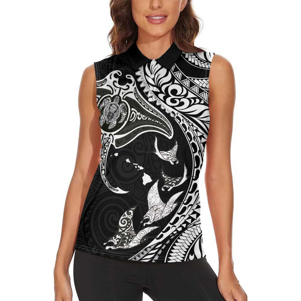 Hawaiian Manta Ray and Polynesian Tribal Tattoo Women Sleeveless Polo Shirt Black Color LT03
