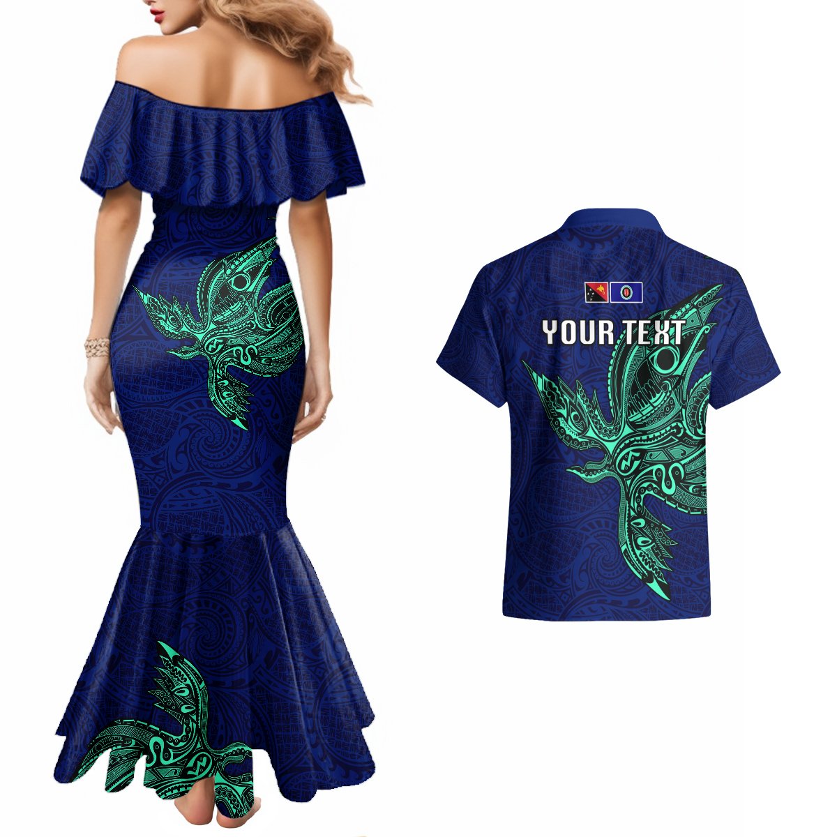Custom Papua New Guinea Bougainville Couples Matching Mermaid Dress and Hawaiian Shirt PNG Birds Of Paradise Polynesian Arty Style LT03 - Polynesian Pride