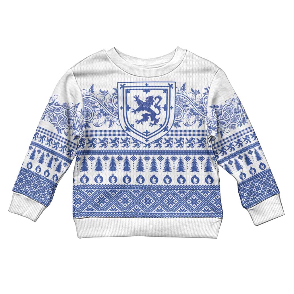 Scottish Christmas Kid Ugly Christmas Sweater Scotland Thistle and Celtic Knot White-Blue Color - Polynesian Pride