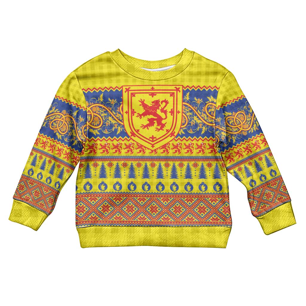 Scottish Christmas Kid Ugly Christmas Sweater Scotland Thistle and Celtic Knot Yellow-Red Color - Polynesian Pride