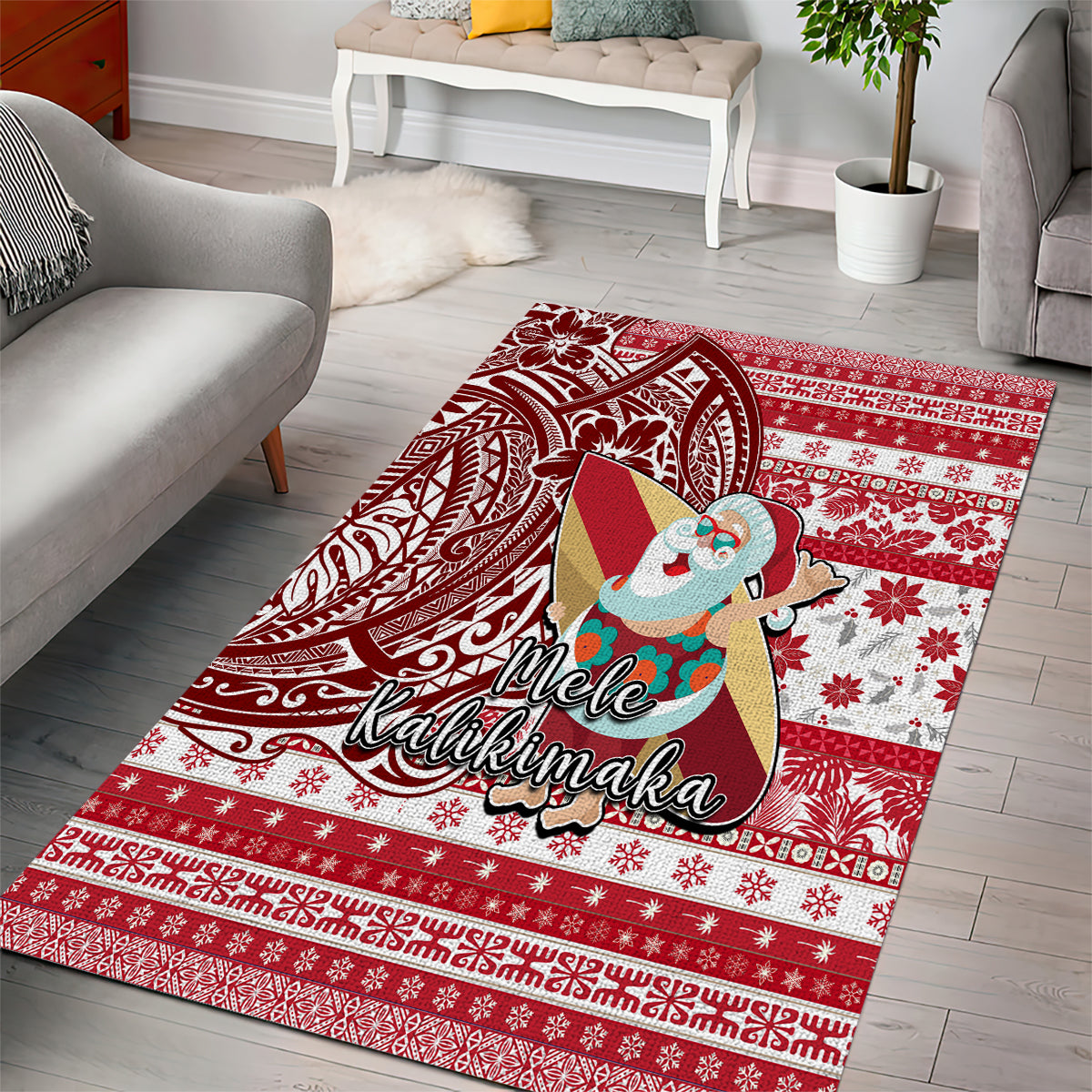 Hawaii Mele Kalikimaka Area Rug Santa Claus Surfing with Hawaiian Pattern Striped Red Style LT03 - Polynesian Pride