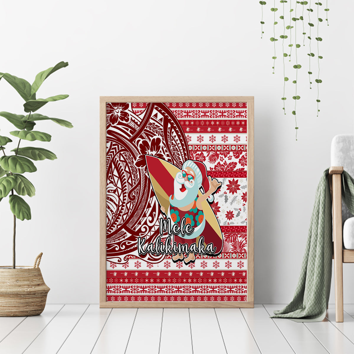 Hawaii Mele Kalikimaka Canvas Wall Art Santa Claus Surfing with Hawaiian Pattern Striped Red Style LT03 - Polynesian Pride