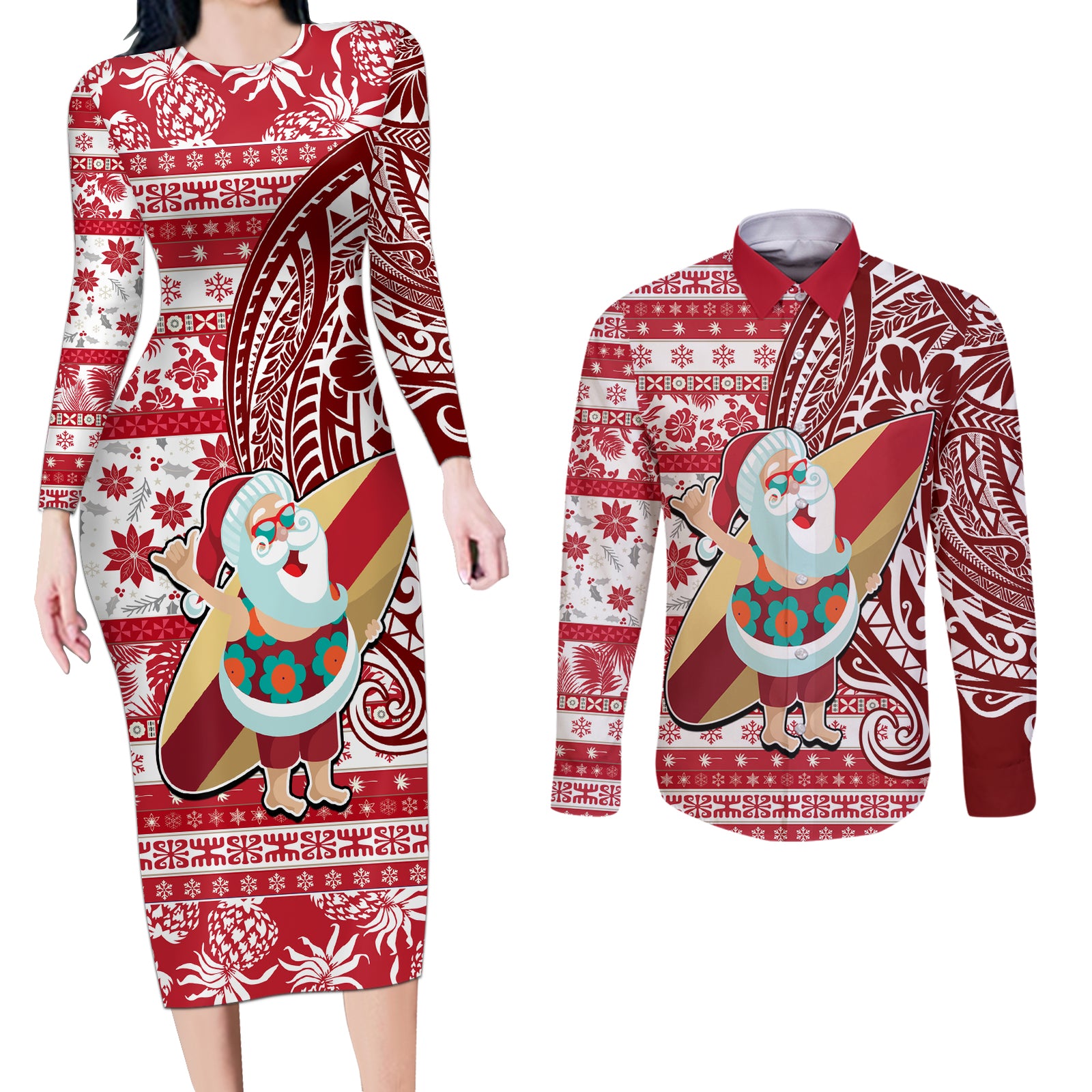 Hawaii Mele Kalikimaka Couples Matching Long Sleeve Bodycon Dress and Long Sleeve Button Shirt Santa Claus Surfing with Hawaiian Pattern Striped Red Style LT03 Red - Polynesian Pride